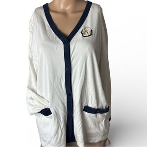 Tara Vanessa 1990’s Nautical Coastal  Cardigan White Navy Anchor Size large